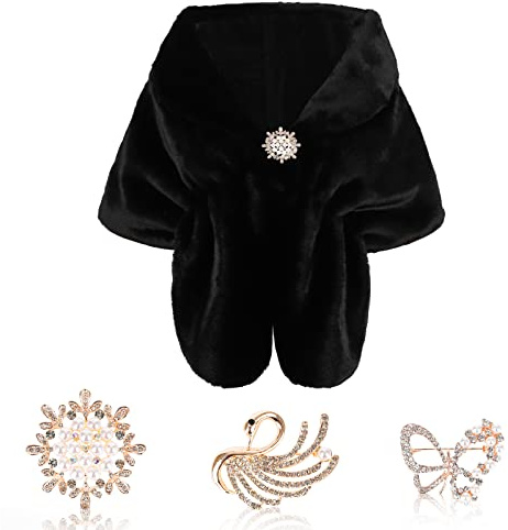 Women's Faux Fur Wrap Shawl Stole with 3 Faux Pearl Rhinestone Brooches,Bridal Long Shrug Cape Collar,Fur Warm Scarf Wrap,Ladies Fur Shawl for Wedding Party Dress Winter