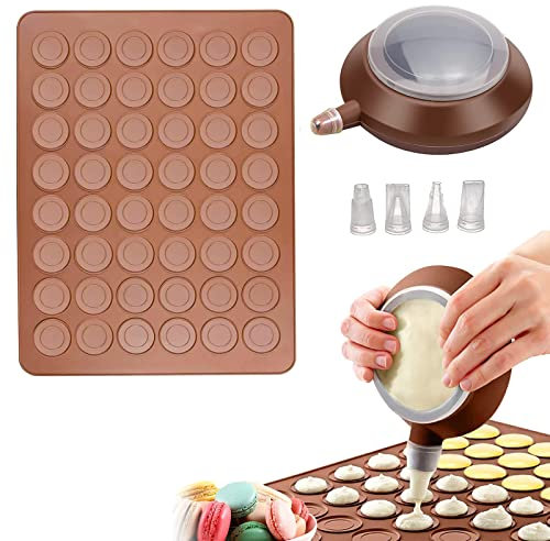 Tapis de Cuisson Macarons, 48 Capacité Anti-adhérent Moule Macarons en Silicone avec Poche à Douille et 4 Douilles, Kit Macaron Patisserie pour Macarons, Dessert, Gâteaux et Pain