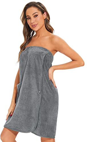 Ymmchy Sauna Frottee Bademantel Damen Saunatuch Saunakilt mit Druckknöpfen, Tasche und Gummizug Grau S/M