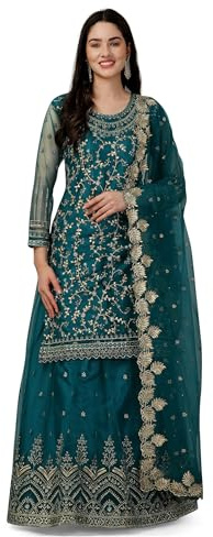TRENDMALLS Completo da donna mono a rete Kurta Lehenga Set indiano pakistano etnico abbigliamento, Blu foglia di t, Small