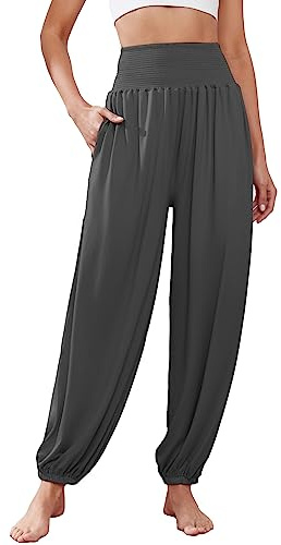 Famulily Ladies Harem Pants Comfy High Waist Yoga Boho Trousers with 2 Side Pockets Dark Grey L