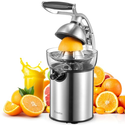 Exprimidor eléctrico de cítricos, Reemix potente exprimidor de naranja con carcasa de fundición a presión de aleación de Zine, exprimidor de cítricos de lujo con dos conos intercambiables para