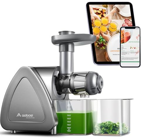 Aobosi Slow Juicer Entsafter Gemüse und Obst Testsieger, Reversierfunktion,150w leisem Motor,Saftpresse Elektrisch mit Reinigungsbürste für hohe Saftausbeute, Grau- BPA Frei