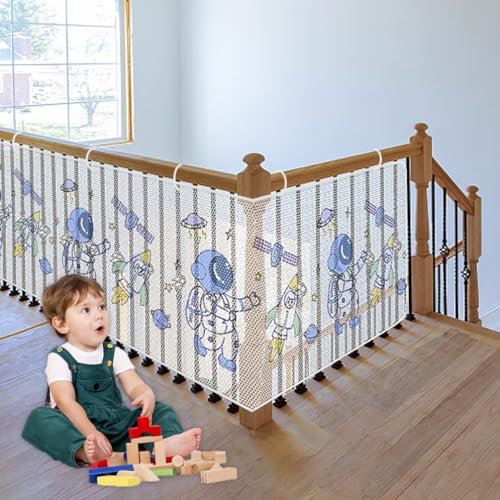 Red de Seguridad para Niños, Bebé Malla de Seguridad para Escaleras y Balcón, 300Lx78H CM Robusto Red de Protección de Valla para Barandilla Balcones, Astronauta