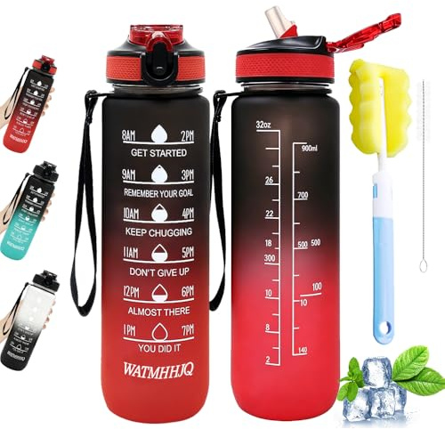 WATMHHJQ 32oz Sports Water Bottle Outdoor, with Drinking Time and Capacity Labels, Sport Water Cups with Straw,BPA Free Leak Proof,for Fitness Gym Running Climbing (Black red)