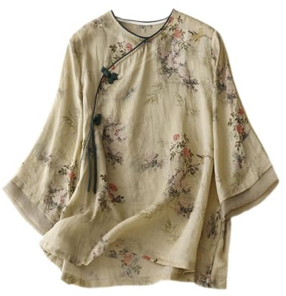 YM YOUMU Chemisier d'été traditionnel chinois à manches 3/4 pour femme - Broderie - Haut ethnique en coton et lin - Qipao