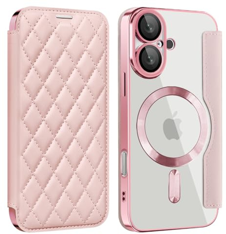 ZQYFCDZ Magnetiskt fodral för iPhone 16 med RFID-blockering, kreditkortshållare, PU-läder, stötsäker repbeständig transparent baksida, rosa