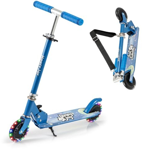 COSTWAY Monopattino per Bambini Pieghevole e Portatile, Monopattino a 2 Ruote con Manubrio Regolabile, Ruote Luminose a LED, Freno Posteriore e Tracolla, Ideale per Bambini e Bambine 3+ (Blu)
