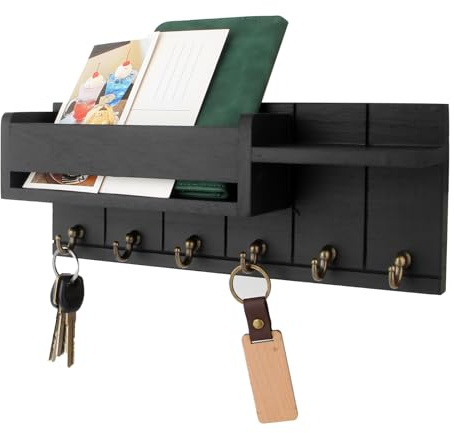 TPTGIAR Schlüsselbrett mit Ablage, Schlüsselbrett Holz mit Regal Enthält Briefhalter und 6 Haken, Dekoratives Schlüsselboard für Wohnzimmer Küche Büro Flur Schlafzimmer (Schwarz)