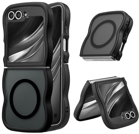 UEEBAI Coque Magnétique pour Samsung Z Flip 7 FE/Z Flip 6/Z Flip 5 5G, Wave Frame Étui en Silicone Liquide avec Recharge sans Fil, Housse de Protection Antichoc Bumper Cover Flip Case, Noir