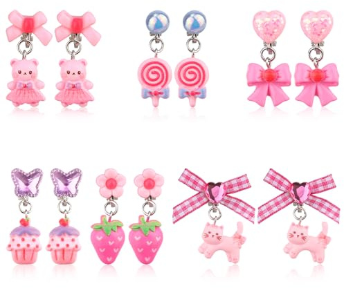 6 Paires de Boucles d'Oreilles à Clip pour Fille, Boucles d'Oreilles non Percées avec Coussinets d'Oreille Motif Arc-en-Ciel de Lapin Papillon Mignon à Clip non Perforées