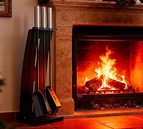 Kingson - Set di attrezzi per camino, 4 pezzi, con manici in acciaio INOX – Set da caminetto moderno con supporto – Altezza 54,5 cm