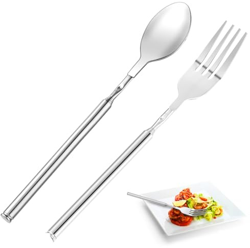 Set di 2 forchette e cucchiai estensibili in acciaio inox, antiruggine, telescopici, allungabili, robuste, retrattili, si estendono fino a 63 cm, per barbecue, frutta, dessert, cena