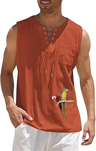 Camiseta Tirantes Hombre Camisa De Lino De Algodón Sin Mangas Camisa Steampunk Pirata Tank Tops con Cordón Y Cuello De Abuelo Hippie Henley Top