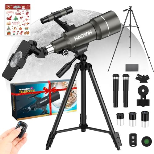 Télescope pour Enfants et Débutants, NACATIN Télescope Réfracteur Astronomique avec Ouverture de 70 mm, Trépied, Adaptateur pour Téléphone, Télécommande Sans Fil, Idéal pour Enfants et Adultes (Gris)