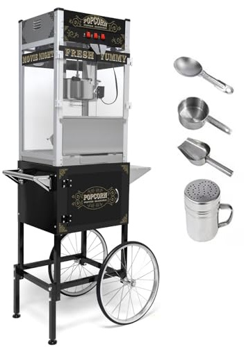 Commercial Popcorn Maker with Cart & 20oz Kettle, 1440W Vintage Popcorn Machine on Wheels with Tempered Glass & Warming Deck for Theater, Business, Home Party Events, Black