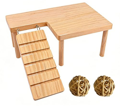 Kaiyzo Plateforme Hamster en Bois avec Échelle, Table de Nourriture et Aire de Jeu pour Petits Animaux, Bois Massif et Métal, Plateforme 32 x 23 x 11.2 cm, Comprend 2 Boules d Osier