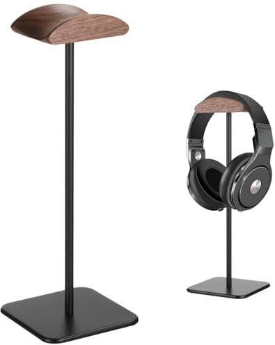 Hållare för skrivbord, spelheadsetstativ med valnötsträ topp och viktad metallbas, elegant och halkfri
