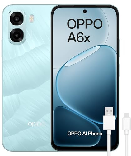 OPPO A6x 4G - Smartphone Libre con IA, 4GB RAM+128GB, Batería 6100 mAh, Pantalla LCD HD+ 120Hz, IP64, Cámara 13MP, Dual SIM, Versión Española - Azul