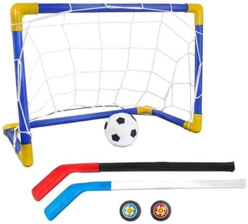 Xweptuy Mini 2-i-1 hockeyfotbollsmatch med minimål, hockeyklubba, fotboll och bollpump, barnmålsspel, inomhus och utomhus lekplats