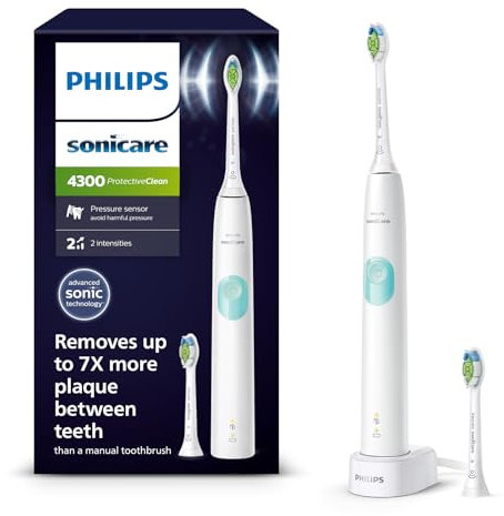 Philips Sonicare ProtectiveClean 4300 Electric Toothbrush, Sonic Toothbrush with Two Intensity Levels, Pressure Sensor and Timer, White, Model HX6807/51