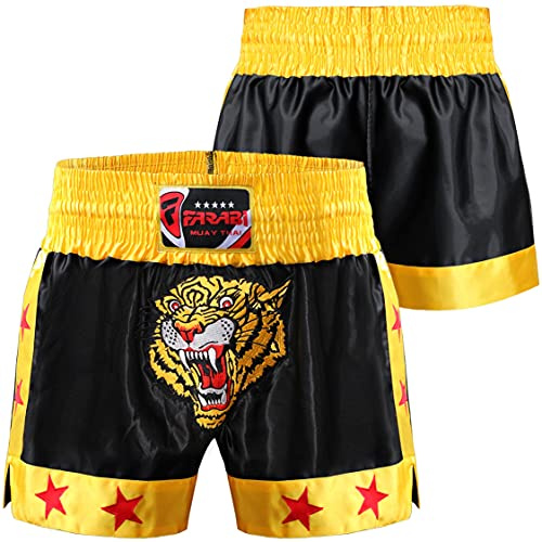 Farabi Sports Muay Thai Short Kickboxing MMA Short d'entraînement d'arts Martiaux Mixtes Boxing Trunk (Black/Gold, XXS)