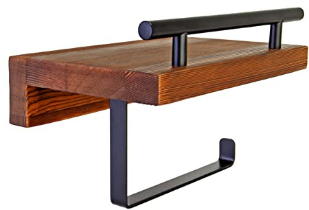Ripple Creek Wood Toilet Paper Holder With Shelf - Rustic Pine Wood Shelving with Bar & Black Metal Storage Rack For Tissue Rolls, Wipes, Hand Towels - Wall Mounted Modern Farmhouse Bathroom Organizer