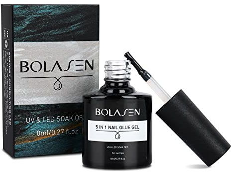 BOLASEN 5in1 Gel Nagelkleber für Kunstnägel Extra Stark, UV Kleber für Tips und Nägel, 8ml - UV/LED-Nagellampe Erforderlich