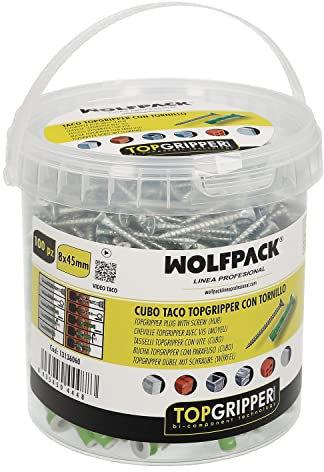 WOLFPACK LINEA PROFESIONAL 13136060 Cubo Tacos Topgripper Bimaterial con Tornillos Ø 8 mm. 100 Piezas Anclaje Universal, Hormigon, Taco Pladur, Multicolor, único