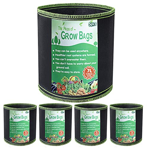 Growerz 5 pack 7L (DIA20.3 x H22cm) Fabric Grow Potz – Durable Non-Woven PET Plant Container for Air Pruning, Root Health & Drainage – Reusable Pot for Indoor/Outdoor Gardening
