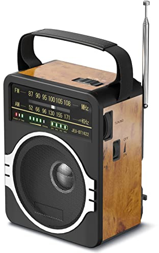 JEUJUG Portable AM FM Radio, Bluetooth 5.0 Radios 5 Watts Loud Speaker,FM Radio Built-in Rechargeable Battery/DC D*4 Cell Battery Operated & AC Power Plug in Wall Retro