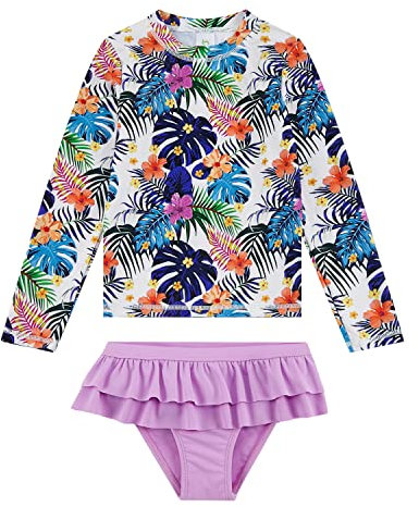 upandfast Madeanzüge für Mädchen Langärmlige 2-Teiliges Set Sonnenschutz-Surfbekleidung(Lila Blumen,6 Jahre)