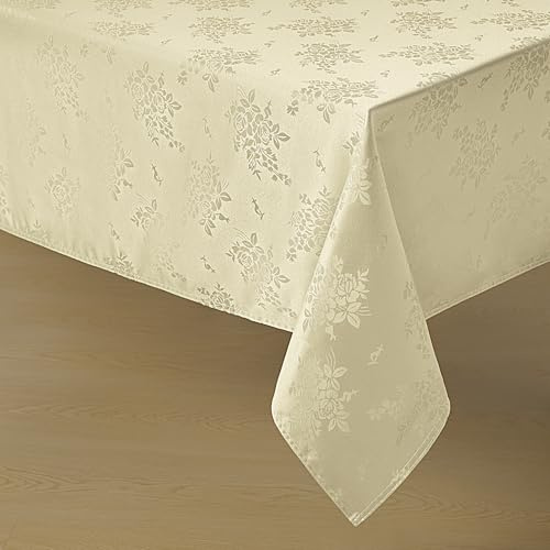 Romanstile Jacquard Rectangle Tablecloth, Waterproof Elegant Damask Rose Floral Pattern Table Cloth, Washable Decorative Polyester Table Cover for Kitchen/Dining/Parties - Beige, 52 x 70 Inch