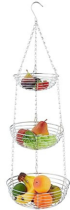 Relaxdays Obstkorb hängend, HxD: 82 x 26,5 cm, 3 Etagen, Metall, runder Hängekorb für Obst & Gemüse, Obstschale, Silber