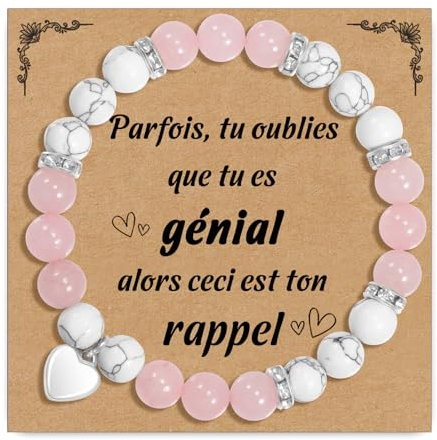 CheersLife Cadeau Femme Bracelet Pierre Naturelle Femme avec Pendentif en Cœur Idee Cadeau Anniversaire pour Maman Fille Sœur Amie Couple Collègues - Rose & Blanc