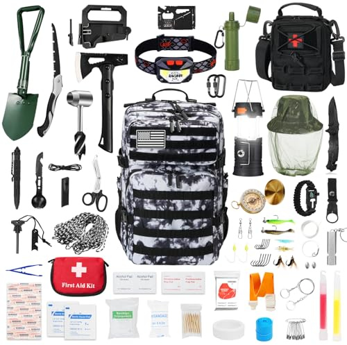 Skywod, Professional Survival Gear Set - First Aid Kit and Large Camping Backpack, Camping Equipment for Adventure Outdoor Hiking Adventurers - (White Camouflage)