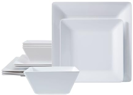 TP 12-Piece Melamine Dinnerware Sets, Plates and Bowls Dishes Set for 4, Break-Resistant & Non-Microwavable, Lightweight Square Dinner Plates, White