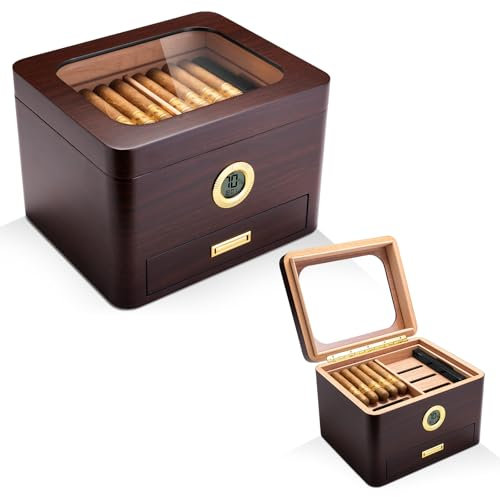 CIGARLOONG Cave à cigares avec Couche et humidificateur et hygromètre intégré et tiroir pour 65 cigares, Cave à cigares de Bureau avec Dessus en Verre pour Les Amateurs de cigares