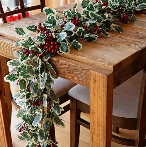 2M Christmas Garland with Holly Leaves & Red Berries - Lush Artificial Greenery for Holiday Decoration - Perfect for Tree, Mantel, Doorways & More