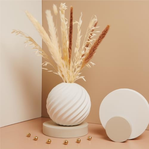 CLARALUNA Vaso Tondo Grande in Porcellana Bianca con Onde, Fiori Pampas Secchi, Decorazione Matrimoniale