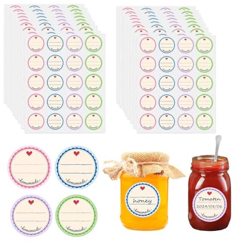 ZEPIQOR 400 Pièces Etiquettes Autocollantes Bocaux, 4 couleurs, Ø 38 mm, Homemade, Rondes, Amovibles, Confiture Autocollants Pour La Maison, Cuisine, Bocaux Mason, D'épices, Cadeau, Anniversaire