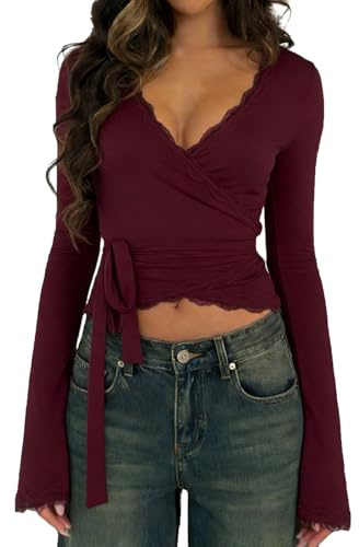Womens Y2k Lace Sheer Mesh Crop Tops Long Sleeve Deep V Neck Cross Wrap Blouses Slim Fit Fairy Coquette T-Shirts(Wine Red, Small)