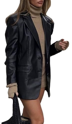 Vestes de Blazer en Cuir pour Femmes, Vestes de Costume décontractées à Manches Longues en Simili Cuir, Boutons en PU