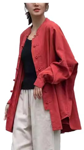 Women's Cotton Linen Shirt Button Jacket Vintage Long Sleeve Blouses Coat Top Spring AutumnCasual Wear (US, Alpha, One Size, Regular, Regular, Red)