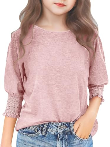 Camiseta de verano para niñas pequeñas, cuello redondo, manga larga, elegante, casual, color liso, para adolescentes, a la moda, para niñas y adolescentes, rosa, 11-12 años