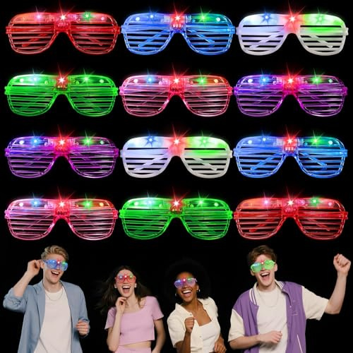 SCIONE Lot de 12 Lunettes LED Shutter, Jouets Lumineux Multi-Couleurs & 3 Modes d'Éclairage, Fournitures pour Fête Fluorescentes, Gadgets de Fête Luminescents pour Anniversaire, Noël, Halloween