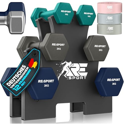 RE:SPORT® Ensemble d'haltères 3 paires, 1 kg - 5 kg, 12 kg ou 18 kg avec support et 3 bandes de fitness | Haltères courts en néoprène antidérapants pour femmes et hommes | Ensemble d'haltères