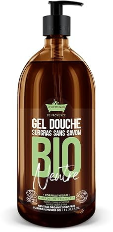 Gel Douche BIO Neutre 1L - Surgras Sans Savon - Les Petits Bains de Provence - Made in Provence - Formule Vegan - Made in France - Visage Corps Cheveux - Peaux Sensibles