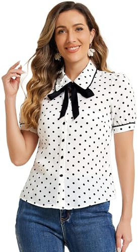 Allegra K Donna Top a Maniche Corte con Colletto alla Peter Pan a Pois Bianca L