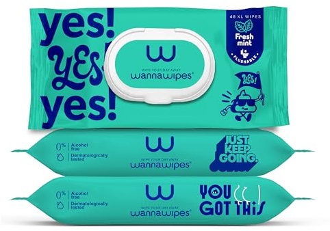 WANNAWIPES Papel Higiénico Húmedo Desechable por el Inodoro – 3x48 (144 Toallitas) con Menta y Vitamina E, Sin Alcohol y Dermatológicamente Testadas